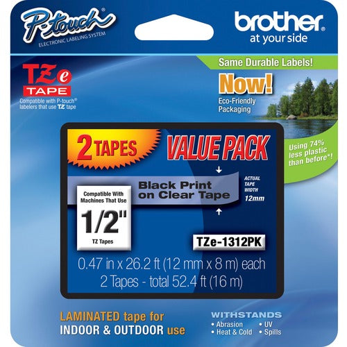 P-touch BRTTZE1312PK 1/2" Black/Clear Laminated TZe Tape Value Pack