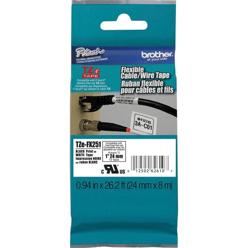 P-touch BRTTZEFX251 1" Black on White Flexible ID Tape