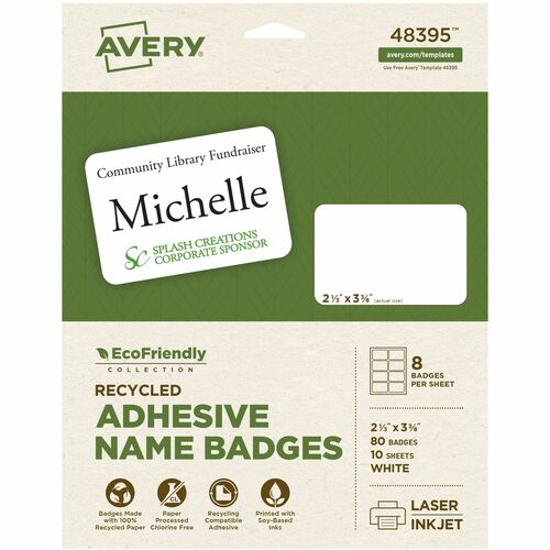 Avery® AVE48395 Ecofriendly Name Badge Labels - Permanent/Water Based Adhesive - 2.33" Width X 3.38" Length - 8 / Sheet - Rectangle - Laser, Inkjet - White - 80 / Pack