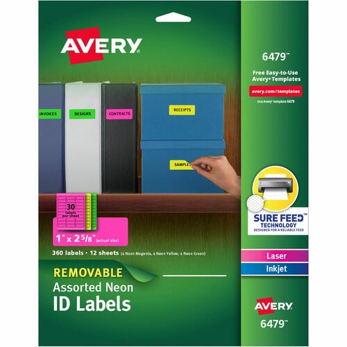 Avery® AVE6479 Multipurpose Label - Removable Adhesive - "1" Width X 2.63" Length - 30 / Sheet - Rectangle - Laser, Inkjet - Assorted - Paper - 360 / Pack