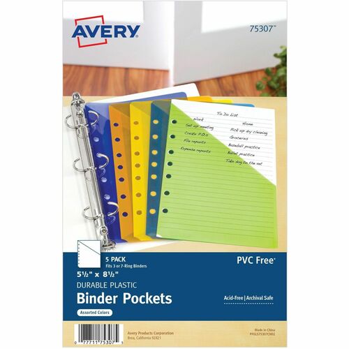 Avery® AVE75307 Mini Binder Pocket - 20 X Sheet Capacity - 5.50" X 8.50" Sheet - Ring Binder - Rectangular - Assorted, Green, Orange, Yellow, Purple - Polypropylene - 5 / Pack
