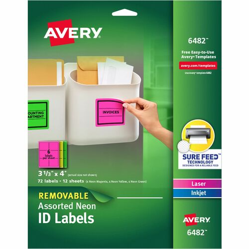 Avery® AVE6482 Color Coding Label - Removable Adhesive - 3.33" Width X 4" Length - Rectangle - Assorted - 72 / Pack