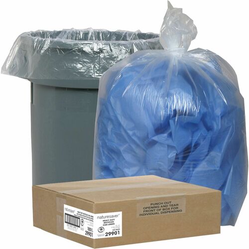 Nature Saver NAT29901 Clear Recycled Trash Can Liner - Large Size - 45 Gal - 40" Width X 46" Length X 1.50 Mil (38 Micron) Thickness - Low Density - Clear - 100/Carton - Pilferage Control