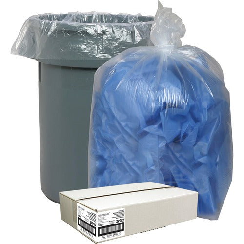 Nature Saver NAT29902 Clear Recycled Trash Can Liner - Extra Large Size - 60 Gal - 38" Width X 58" Length X 1.50 Mil (38 Micron) Thickness - Low Density - Clear - 100/Carton - Pilferage Control