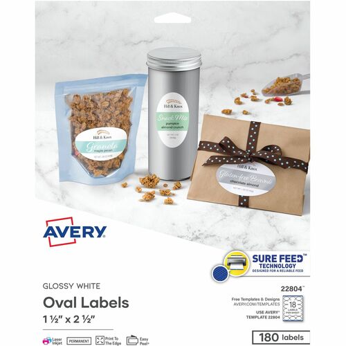 Avery® AVE22804 Easy Peel Print-To-The-Edge Label - Permanent Adhesive - 1.50" Width X 2.50" Length - 18 / Sheet - Oval - Laser, Inkjet - White - 180 / Pack