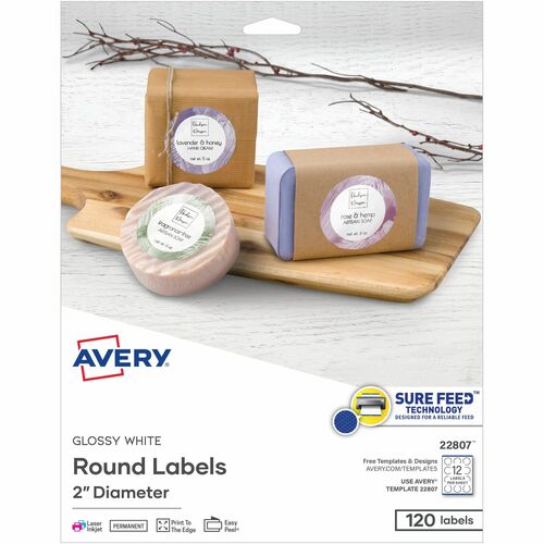 Avery® AVE22807 Easy Peel Print-To-The-Edge Label - Permanent Adhesive - 2" Diameter - 12 / Sheet - Circle - Laser, Inkjet - White - 120 / Pack