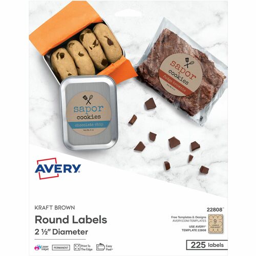 Avery® AVE22808 Easy Peel Print-To-The-Edge Label - Permanent Adhesive - 2.50" Diameter - 9 / Sheet - Circle - Laser, Inkjet - Kraft - Paper - 180 / Pack