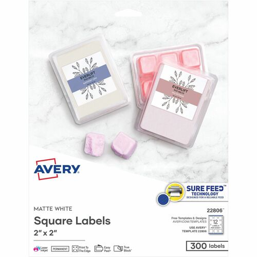Avery® AVE22806 Multipurpose Label - Permanent Adhesive - 2" Width X 2" Length - 12 / Sheet - Square - Laser, Inkjet - White - 300 / Pack