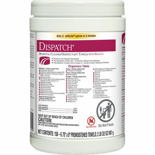 Dispatch CLO69150 Hospital Cleaner Disinfectant Towels with Bleach