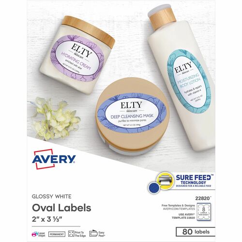 Avery® AVE22820 Easy Peel Oval Label - Permanent Adhesive - "2" Width X 3.33" Length - 8 / Sheet - Oval - Laser, Inkjet - White - Paper - 80 / Pack