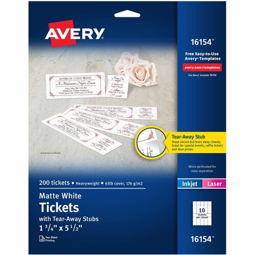 Avery® AVE16154 Tickets With Tear-Away Stubs 16154, Matte White, 1-3/4" X 5-1/2", Pack Of 200 - 1.75" Width X 5.50" Length - 20 / Sheet - Laser, Inkjet - White - 200 / Pack