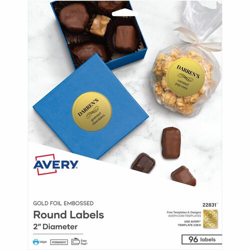 Avery® AVE22831 Promotional Label - Permanent Adhesive - 2" Diameter - 12 / Sheet - Circle - Inkjet - Gold - 96 / Pack