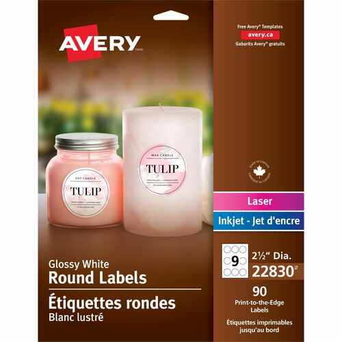 Avery® AVE22830 Promotional Label - Permanent Adhesive - 2.50" Diameter - 9 / Sheet - Circle - Inkjet, Laser - White - 90 / Pack