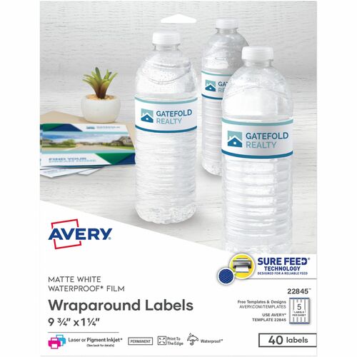 Avery® AVE22845 Wraparound Durable Labels - Permanent Adhesive - 9.75" Width X 1.25" Length - 5 / Sheet - Rectangle - Laser, Inkjet - White - 40 / Pack
