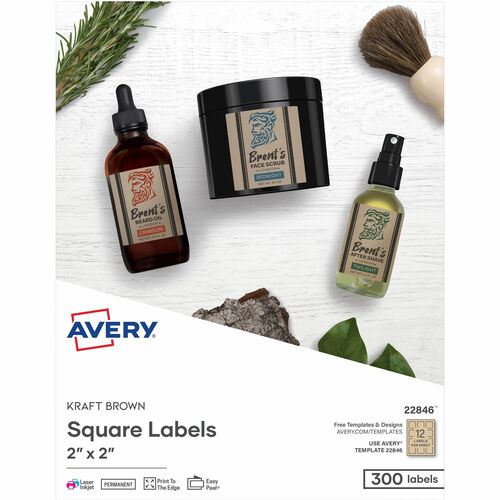 Avery® AVE22846 Print-To-Edge Kraft Brown Square Labels - Permanent Adhesive - "2" Width X 2" Length - 12 / Sheet - Square - Inkjet, Laser - Kraft Brown - Wood - 300 / Pack