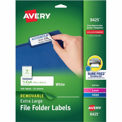 Avery® AVE8425 Extra-Large Trueblock Filing Labels - Removable Adhesive - 0.94" Width X 3.44" Length - 18 / Sheet - Rectangle - Laser, Inkjet - White - 450 / Pack