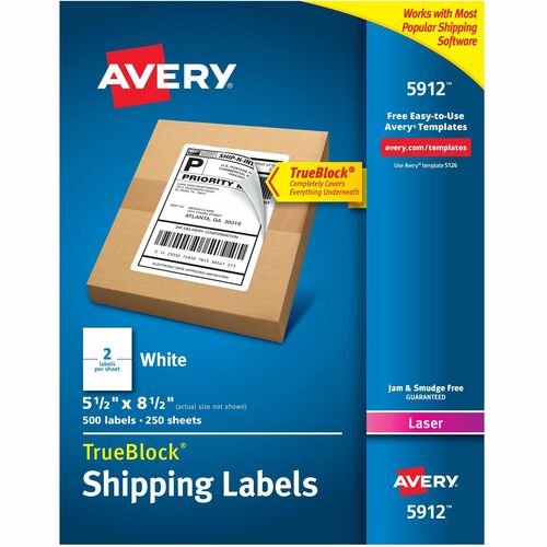 Avery® AVE5912 Laser Printer Internet Shipping Labels - Permanent Adhesive - 5.50" Width X 8.50" Length - 2 / Sheet - Rectangle - Laser - White - 500 / Pack