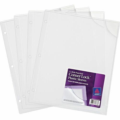 Avery® AVE72269 Corner Lock Plastic Binder Sleeve - 20 X Sheet Capacity - 3 X Holes - Ring Binder - Clear - Polypropylene, Plastic - 4 / Pack