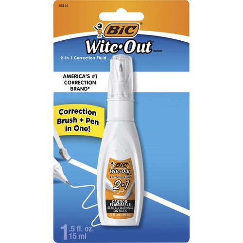 Wite-Out BICWOPFP11 Wite-Out 2-In1 Correction Fluid - Tip, Brush Applicator - 0.51 Fl Oz - White - Quick Drying - 1 Each