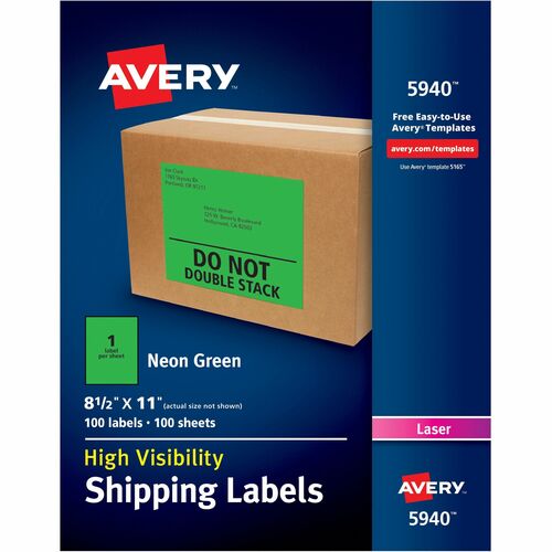 Avery® AVE5940 High-Visibility Neon Shipping Labels - Permanent Adhesive - "11" Width X 8.50" Length - 1 / Sheet - Rectangle - Laser - Neon Green - Paper - 100 / Box