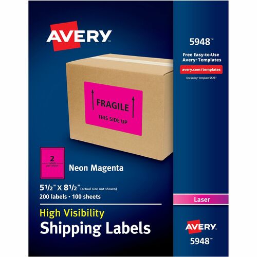 Avery® AVE5948 High-Visibility Neon Shipping Labels - Permanent Adhesive - "8.50" Width X 5.50" Length - 2 / Sheet - Rectangle - Laser - Neon Magenta - Paper - 200 / Box