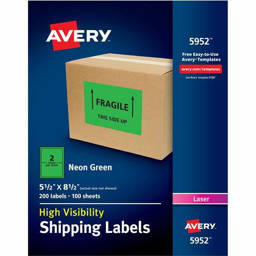 Avery® AVE5952 High-Visibility Neon Shipping Labels - Permanent Adhesive - "8.50" Width X 5.50" Length - 2 / Sheet - Rectangle - Laser - Neon Green - Paper - 200 / Box