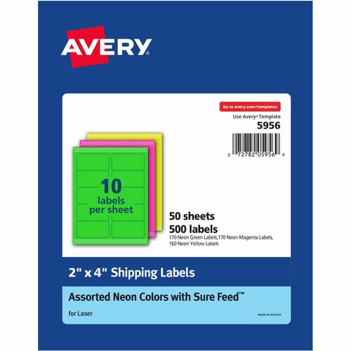 Avery® AVE5956 High-Visibility Neon Shipping Labels - Permanent Adhesive - "4" Width X 2" Length - 10 / Sheet - Rectangle - Laser - Neon Magenta, Neon Green, Neon Yellow - Paper - 500 / Box