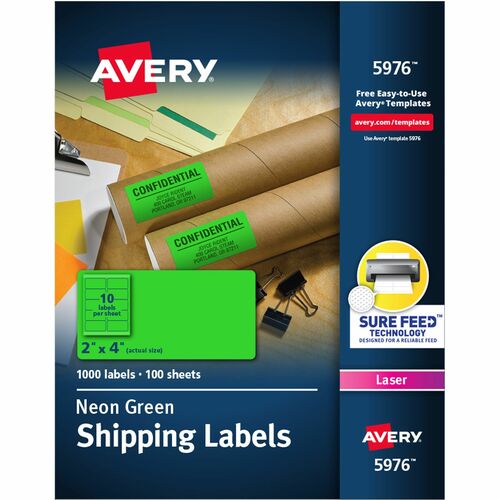 Avery® AVE5976 High-Visibility Neon Shipping Labels - Permanent Adhesive - "4" Width X 2" Length - 10 / Sheet - Rectangle - Laser - Neon Green - Paper - 1000 / Box
