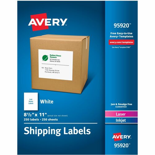 Avery® AVE95920 Laser Inkjet Printer White Shipping Labels - Permanent Adhesive - "8.50" Width X 11" Length - 1 / Sheet - Rectangle - Laser, Inkjet - White - Paper - 250 / Box