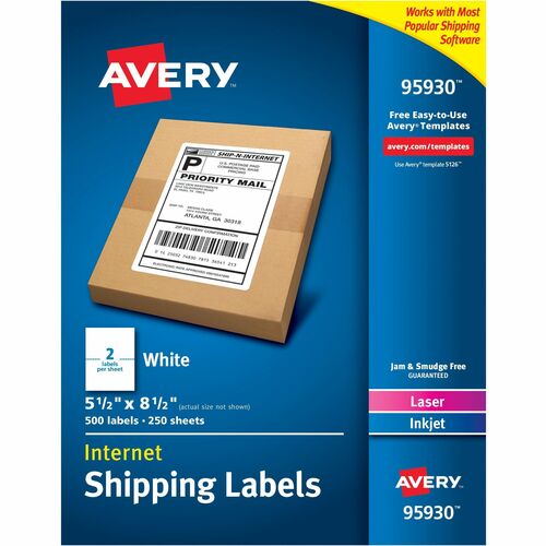 Avery® AVE95930 Laser Inkjet Printer White Shipping Labels - Permanent Adhesive - "5.50" Width X 8.50" Length - 2 / Sheet - Rectangle - Laser, Inkjet - White - Paper - 500 / Box