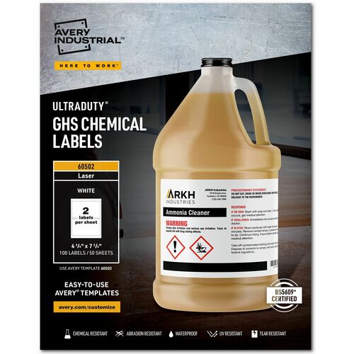 Avery® AVE60502 Ultraduty Ghs Chemical Laser Labels - Permanent Adhesive - "7.75" Width X 4.75" Length - 2 / Sheet - Rectangle - Laser - White - Polyester Film - 100 / Box