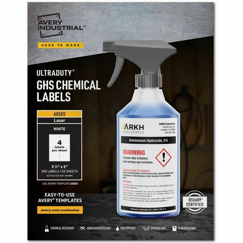 Avery® AVE60503 Ultraduty Ghs Chemical Laser Labels - Permanent Adhesive - "3.50" Width X 5" Length - 4 / Sheet - Rectangle - Laser - White - Polyester Film - 200 / Box