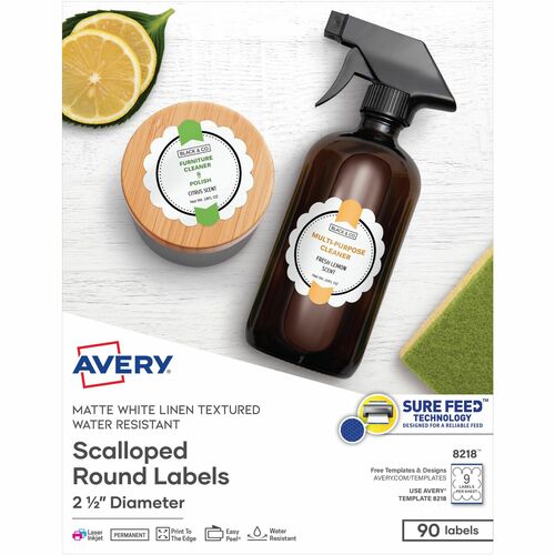 Avery® AVE8218 Textured White Scallop Round Labels 08218, 2-1/2" Diameter, Pack Of 90 - Permanent Adhesive - 90 Label(S)" Length - 2.50" Diameter - 9 / Sheet - Round Scallop - Inkjet, Laser - White - 90 / Pack