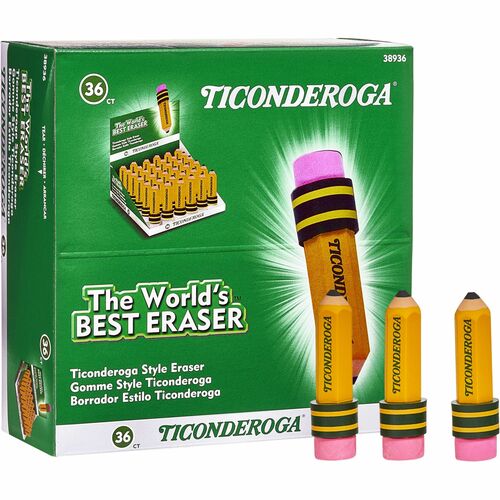 Ticonderoga DIX38936 Dixon Latex-Free Pencil-Shape Eraser - Latex-Free, Smudge-Free, Non-Toxic - 36/Box - Yellow