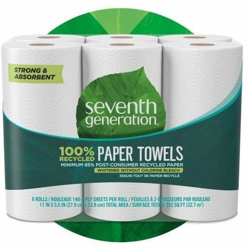 Seventh Generation SEV13722 Right Size Recycled Paper Towels - 2 Ply - 156 Sheets/Roll - White - Absorbent, Dye-Free, Fragrance-Free, Strong, Chlorine-Free - 24 / Carton