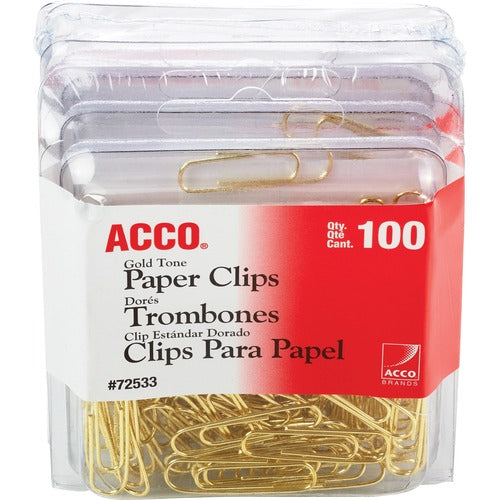 ACCO ACC72554 Gold Tone Paper Clips - Regular - No. 2 - 10 Sheet Capacity - For Office, Home, School, Document, Paper - Sturdy, Flex Resistant, Bend Resistant - 400 / Pack - Gold