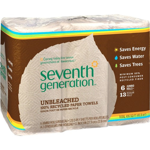 Seventh Generation SEV13737CT Natural Unbleached Paper Towels-2 Ply-11" X 9"-120 Sheets/Roll-Natural-Pulp-Absorbent, Unbleached, Chlorine-Free, Fragrance-Free, Dye-Free, Ink-Free, Strong-For Kitchen, Household-120 Sheets-24 / Carton
