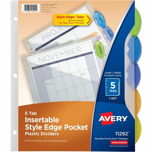 Avery® AVE11292 Pocket Divider - 3 X Holes - Translucent, Multi - Plastic - 1 / Set