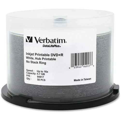 Verbatim VER94917 Dvd+R 4.7Gb 16X Datalifeplus White Inkjet Printable, Hub Printable - 50Pk Spindle - Inkjet Printable