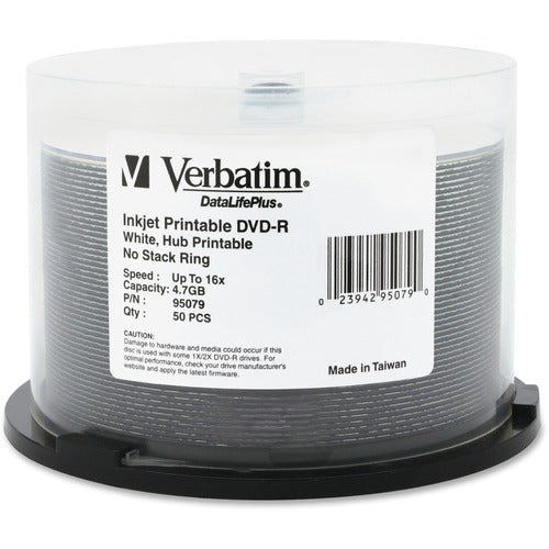 Verbatim VER95079 Dvd-R 4.7Gb 16X Datalifeplus White Inkjet Printable, Hub Printable - 50Pk Spindle - Hub Printable - 50Pk Spindle