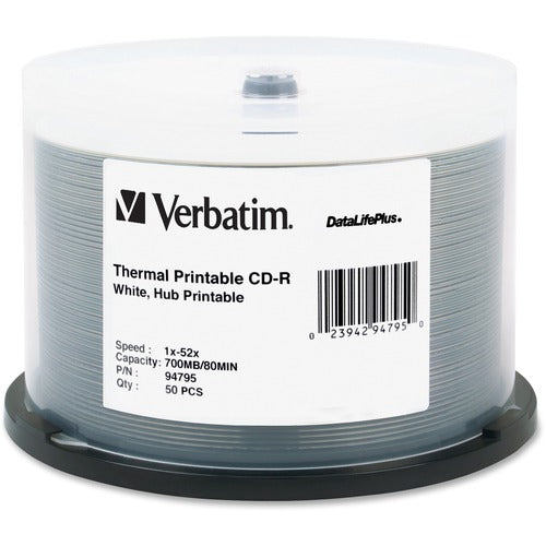 Verbatim VER94795 Cd-R 700Mb 52X Datalifeplus White Thermal Printable, Hub Printable - 50Pk Spindle - Printable - Thermal Printable