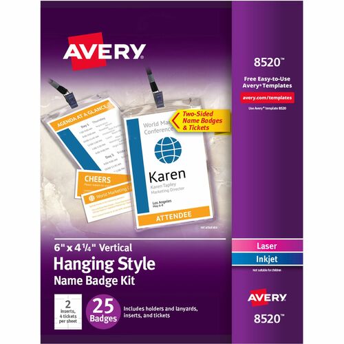 Avery® AVE8520 Avery® Vertical Name Badges with Tickets Kit for Laser and Inkjet Printers, 4-1/4" x 6"