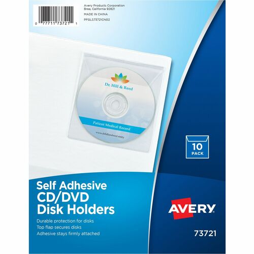 Avery® AVE73721 Self-Adhesive Media Holder - 1 X Cd/Dvd Capacity - Clear - Vinyl - 10 / Pack