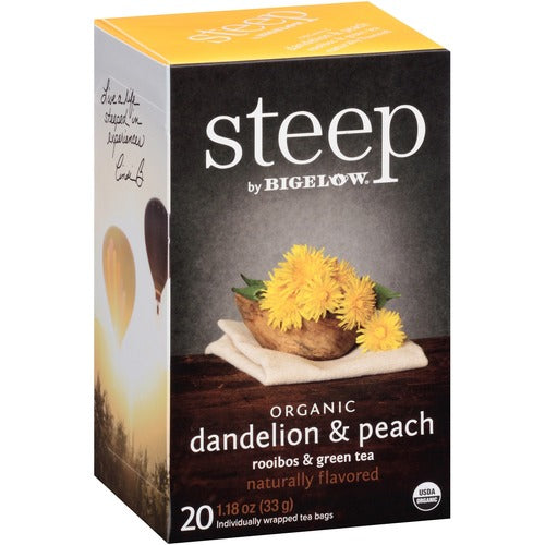 Steep by Bigelow® BTC17715 Organic Dandelion & Peach Rooibos & Green Tea Herbal Tea, Green Tea Bag