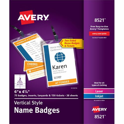 Avery® AVE8521 Avery® Vertical Name Badges with Tickets Kit for Laser and Inkjet Printers, 4-1/4" x 6"