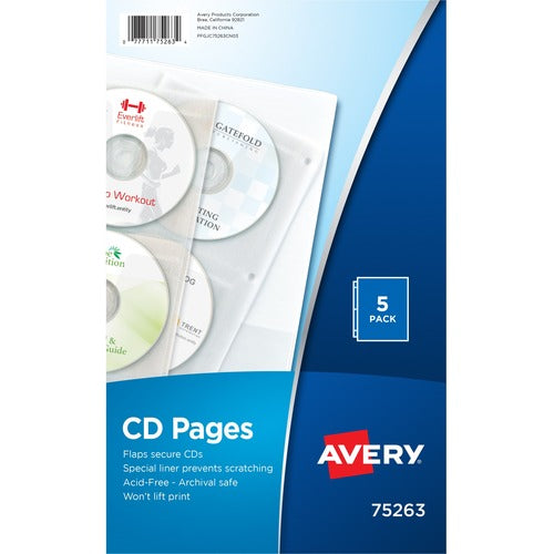 Avery® AVE75263 Cd/Dvd Storage Page - 4 X Cd/Dvd Capacity - Ring Binder - Clear - Polypropylene - 5 / Pack