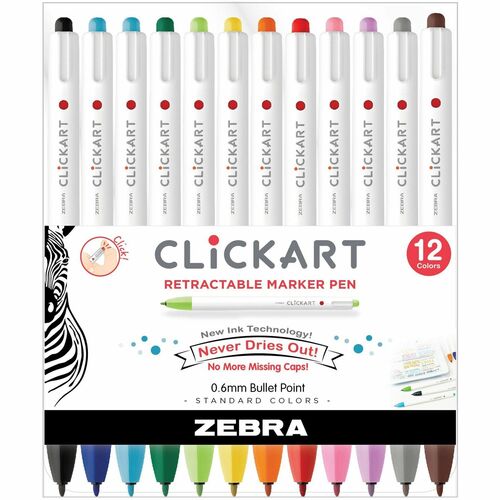 Zebra Pen ZEB69012 ClickArt Retractable Markers Bullet Tip Assorted Colours 12/pkg