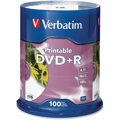 Verbatim VER95145 Dvd+R 4.7Gb 16X White Inkjet Printable - 100Pk Spindle - 120Mm - Printable