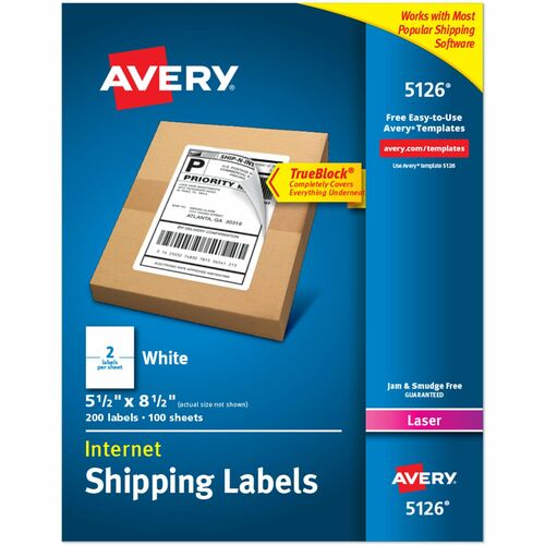 Avery® AVE5126 Shipping Label - Permanent Adhesive - 5.50" Width X 8.50" Length - 2 / Sheet - Rectangle - Laser - White - 200 / Box