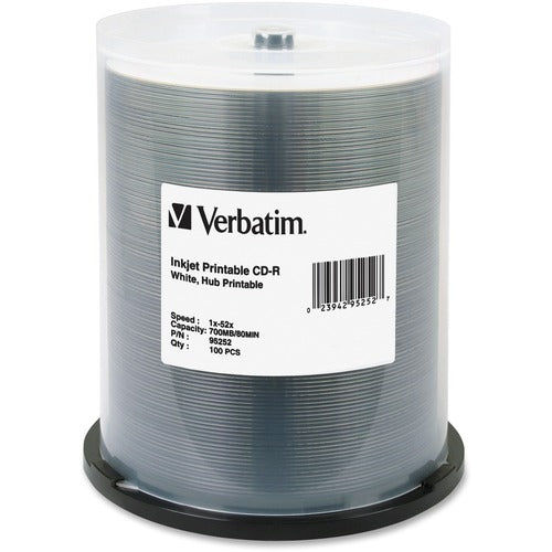 Verbatim VER95252 Cd-R 700Mb 52X White Inkjet Printable, Hub Printable - 100Pk Spindle - Printable - Inkjet Printable